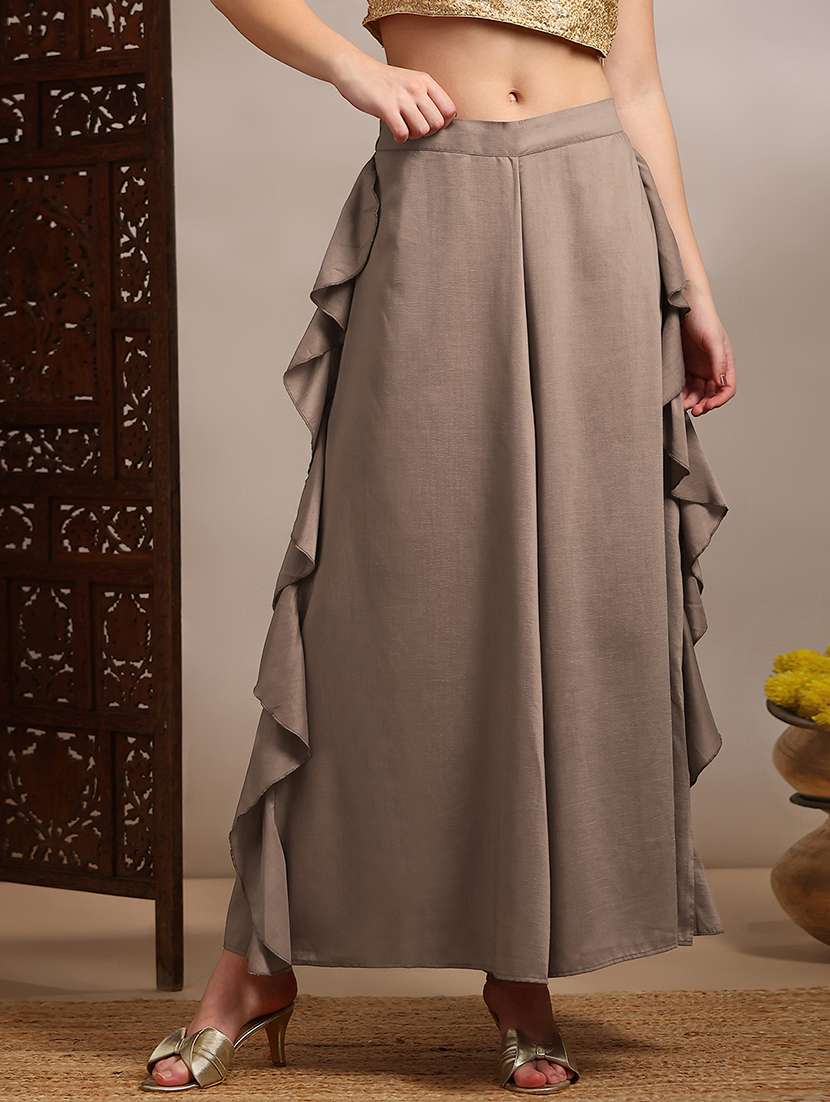 globus women beige mid rise ruffle detail wide leg festive palazzo