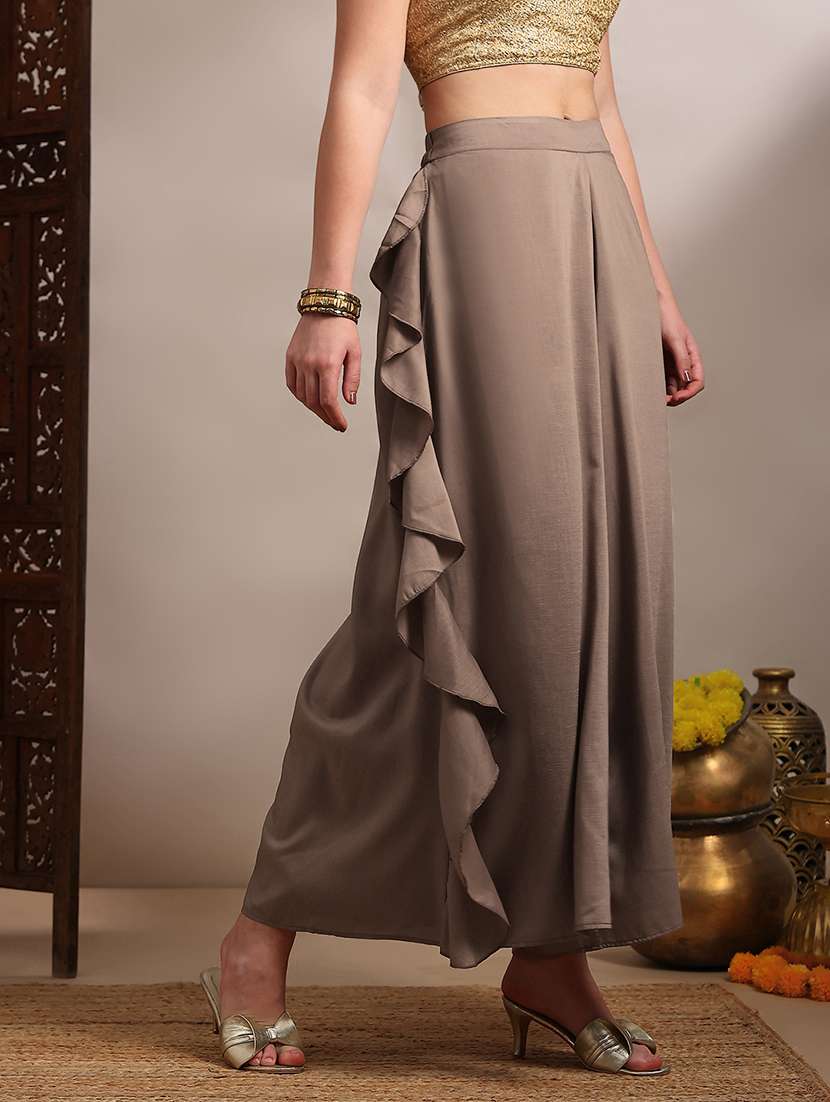 globus women beige mid rise ruffle detail wide leg festive palazzo - 22182181 -  Standard Image - 2