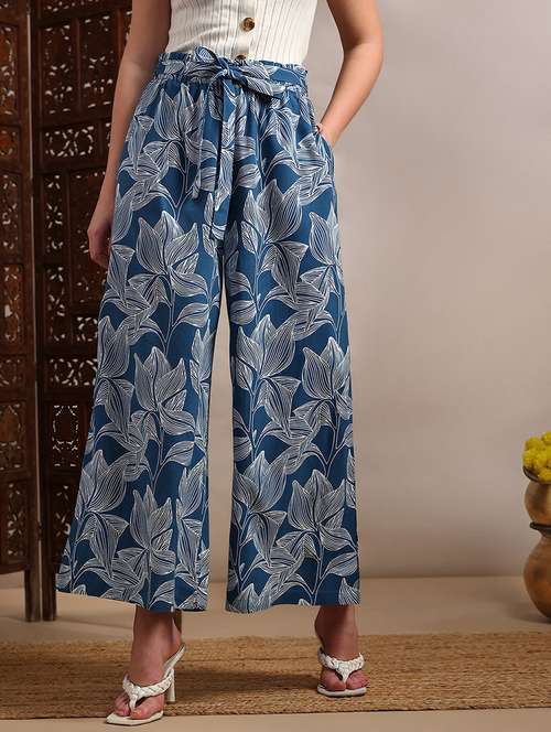 globus women blue allover floral printed high-rise belted wide leg trouser - 22182182 -  Standard Image - 0