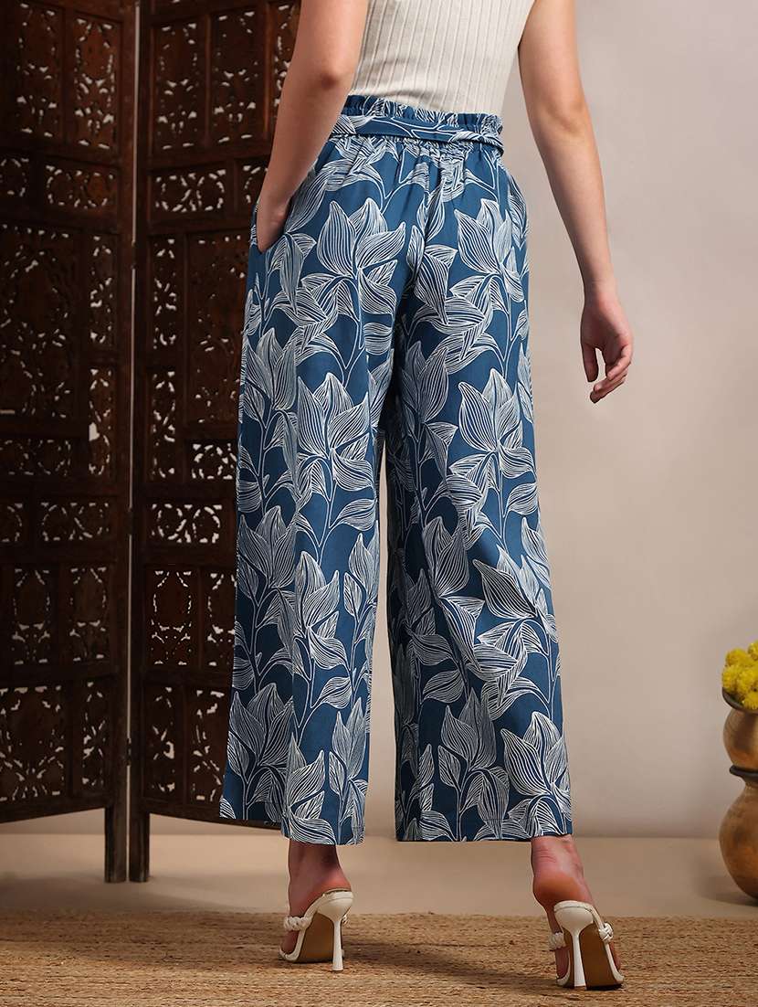 globus women blue allover floral printed high-rise belted wide leg trouser - 22182182 -  Standard Image - 2