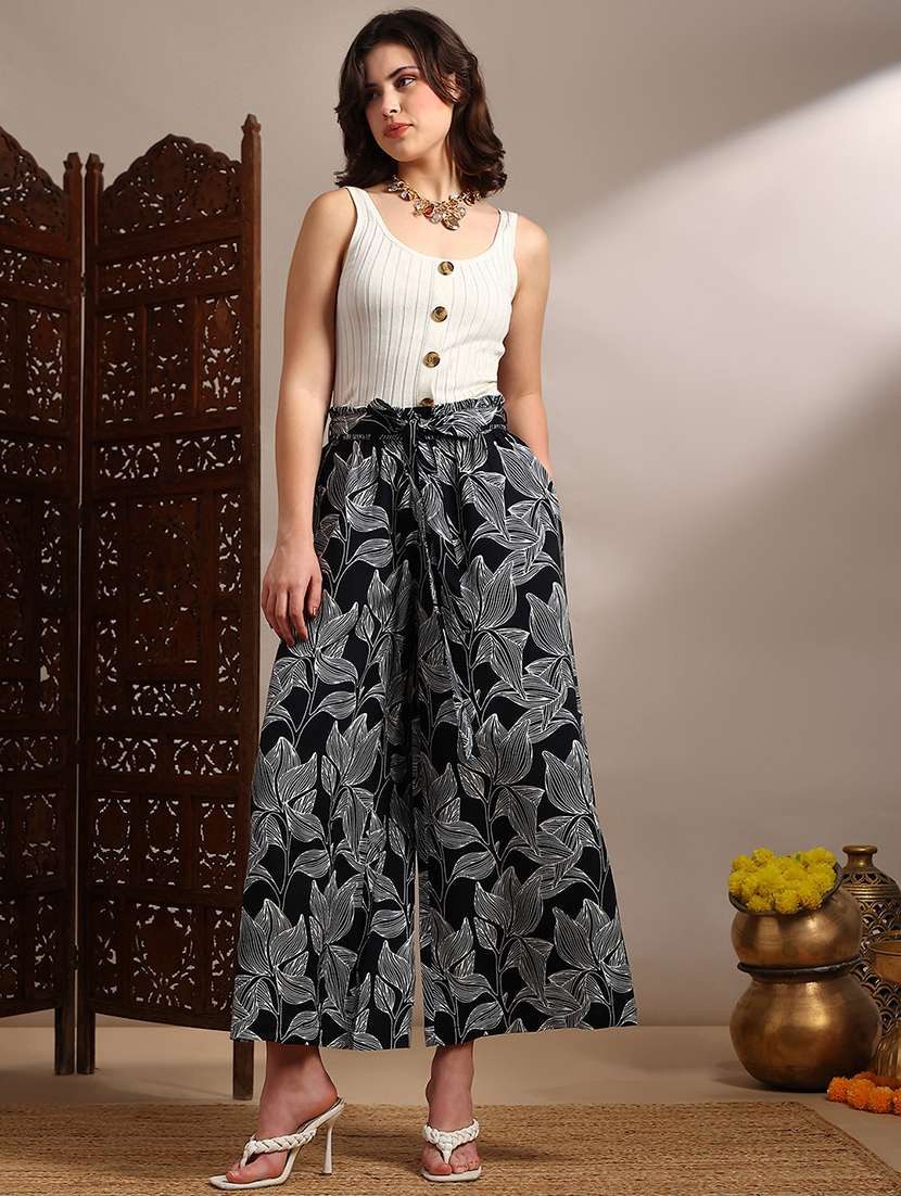 globus women black allover floral printed high-rise belted wide leg trouser