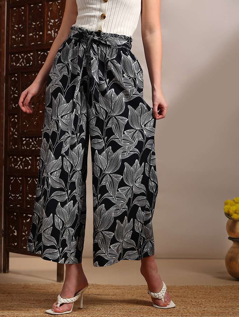 globus women black allover floral printed high-rise belted wide leg trouser - 22182183 -  Standard Image - 2