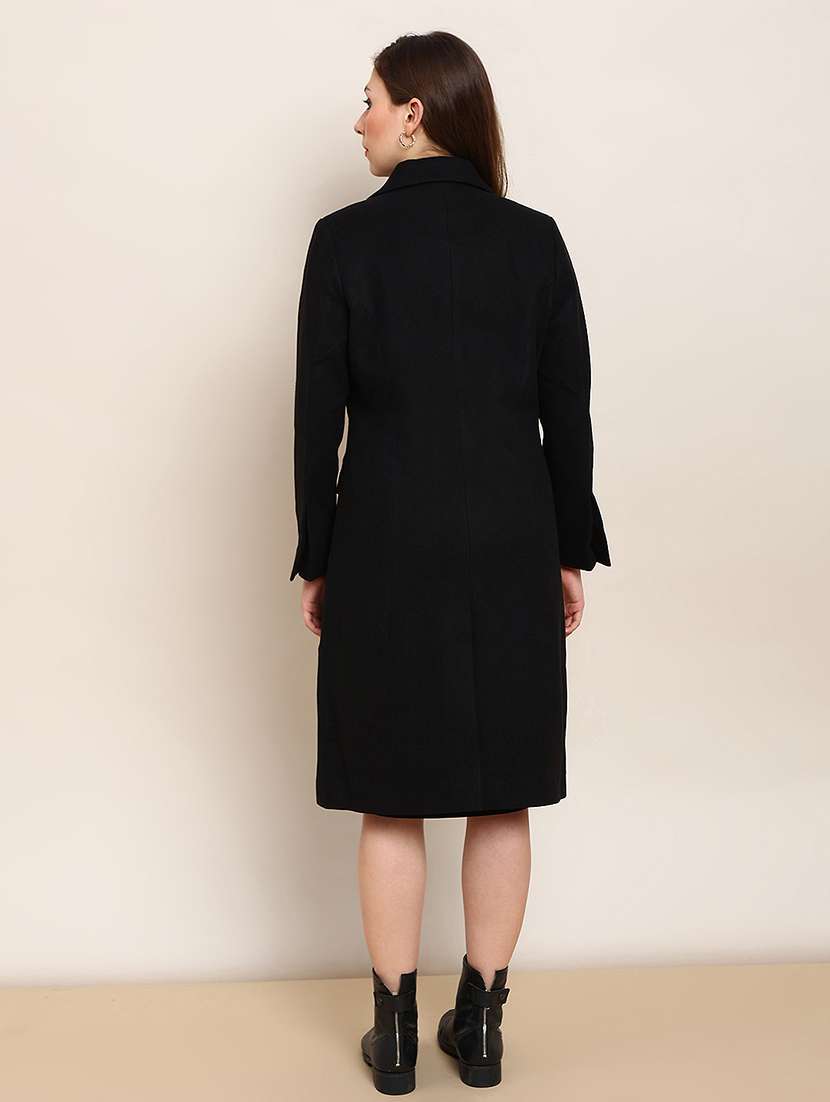 globus women black solid notched lapel long sleeve knee length winterwear overcoat - 22182187 -  Standard Image - 2