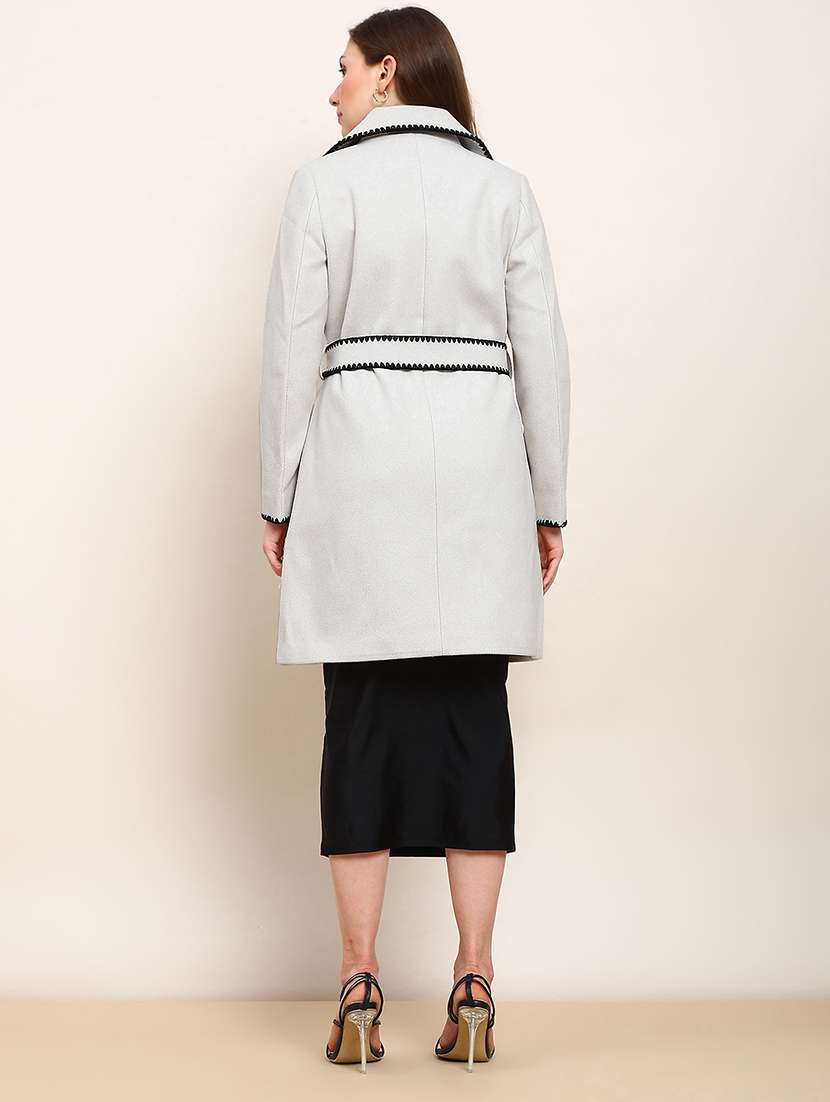 globus women beige solid notched lapel embriodered detail long sleeves knee length belted winterwear overcoat - 22182189 -  Standard Image - 2