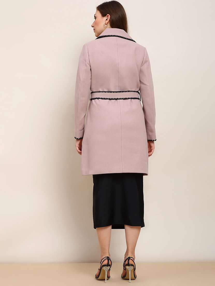 globus women pink solid notched lapel embriodered detail long sleeves knee length belted winterwear overcoat - 22182190 -  Standard Image - 2