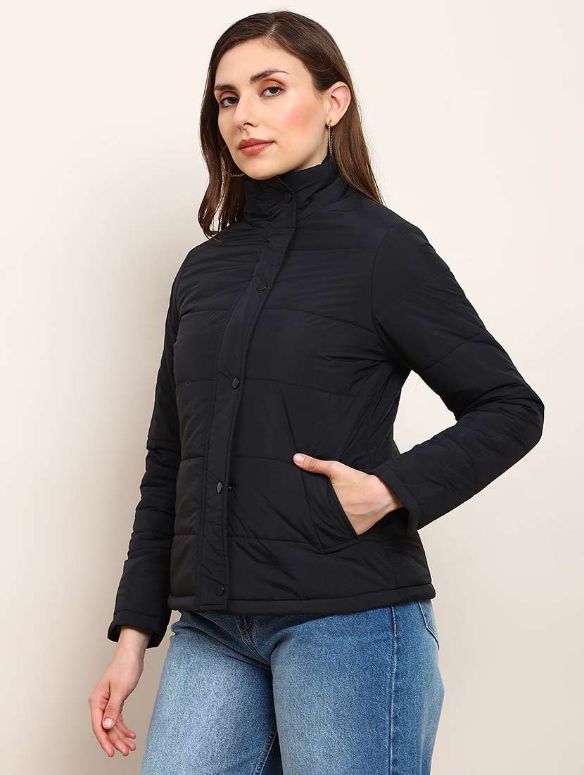 globus women black mock neck 2 pockets detail winter wear insulator puffer jacket