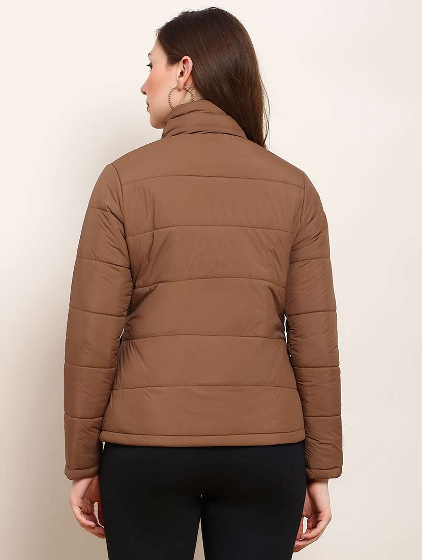 globus women brown mock neck 2 pockets detail winter wear insulator puffer jacket - 22182194 -  Standard Image - 2