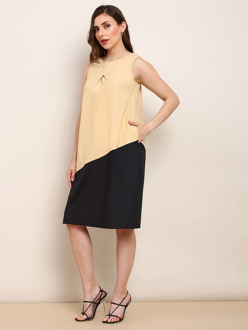 globus women beige round neck colorblock pleated a-line dress - 22182195 -  Standard Image - 2