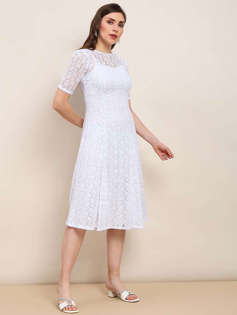 globus women white round neck puff sleeves flared hem panelled floral lace a-line midi party dress - 22182200 -  Standard Image - 2