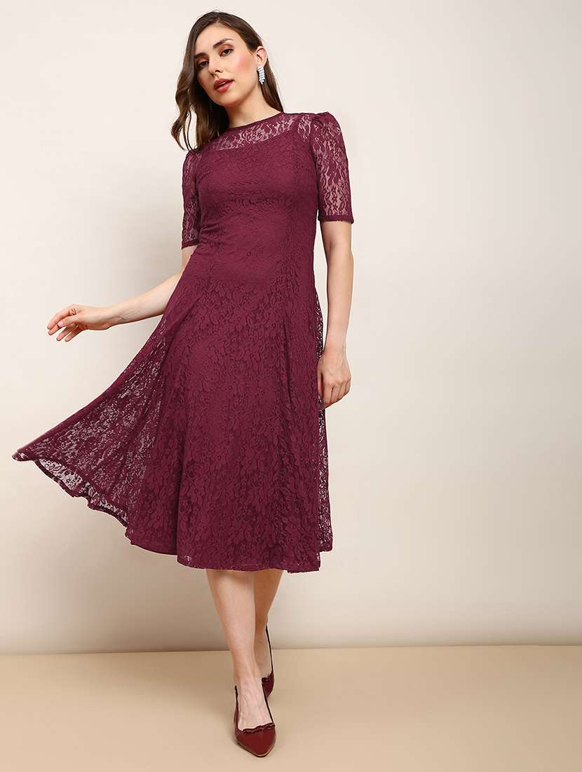 globus women burgundy round neck puff sleeves flared hem panelled floral lace a-line midi party dress - 22182201 -  Standard Image - 2