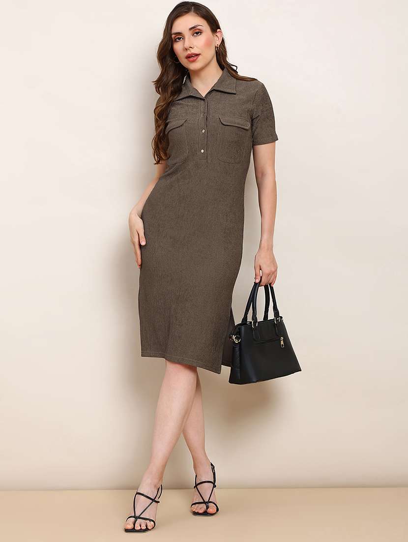 globus women brown collared neck short sleeves self design utility pockets side slits midi workwear shirt dress