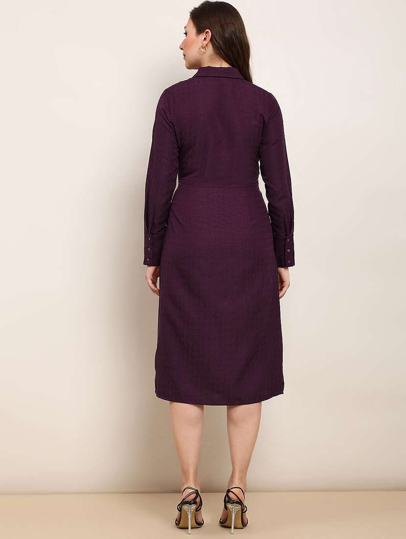 globus women burgundy collared neck cuffed sleeves self design waist tie-ups midi workwear shirt style dress - 22182203 -  Standard Image - 2