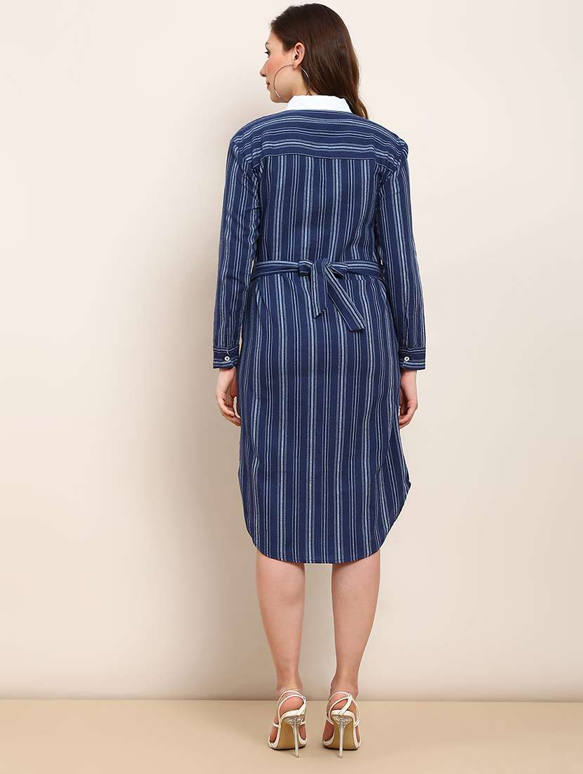 globus women blue & white striped print collared neck cuffed sleeves curved hem shirt style midi workwear dress - 22182204 -  Standard Image - 2