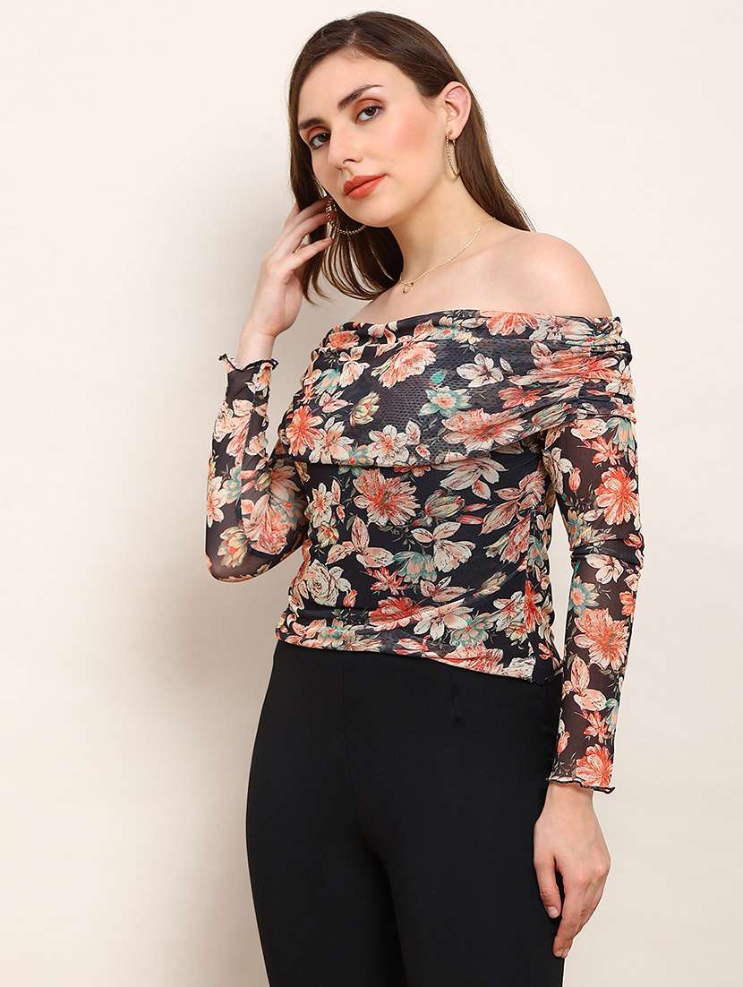 globus women black floral off shoulder long sleeve ruched party top 