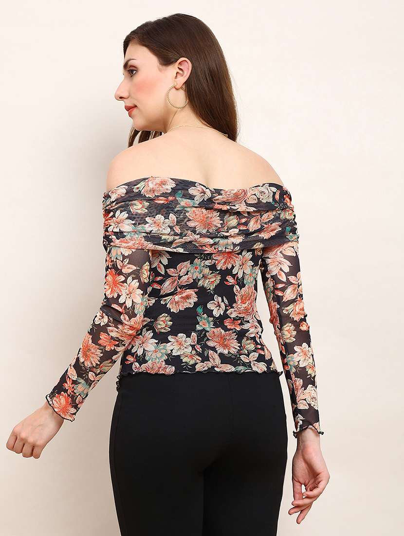 globus women black floral off shoulder long sleeve ruched party top  - 22182206 -  Standard Image - 2
