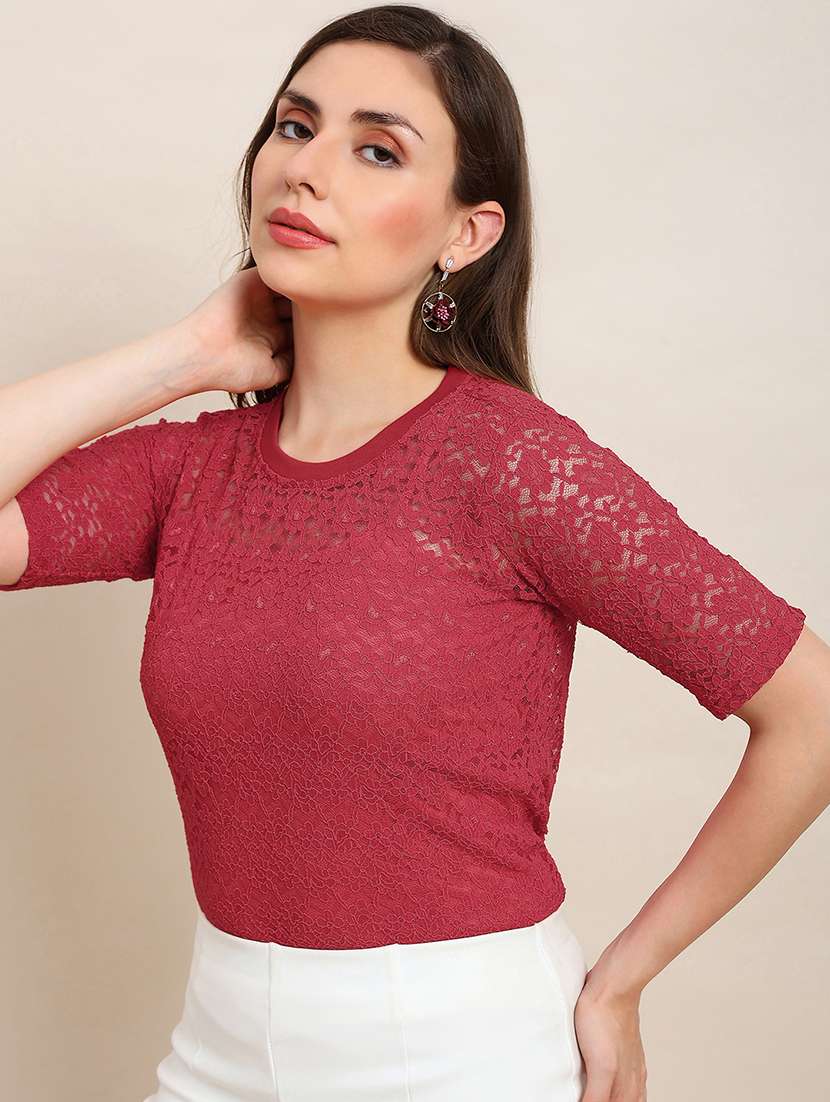 globus women red round neck self design floral lace party top 