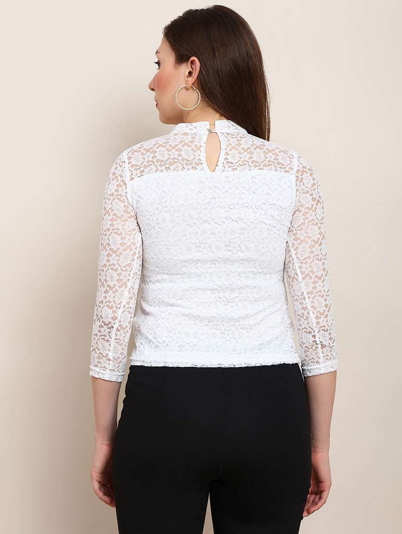 globus women white round neck self design floral lace party top - 22182209 -  Standard Image - 2