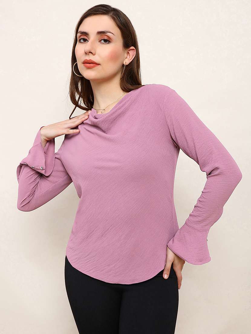 globus women pink cowl neck flared sleeves curved hem party top