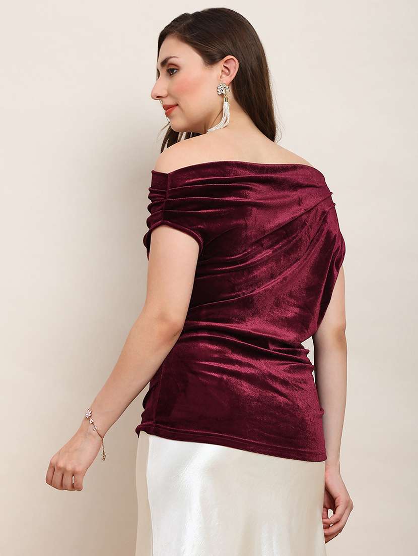 globus women maroon one shoulder gathered detail velvet party top - 22182211 -  Standard Image - 2