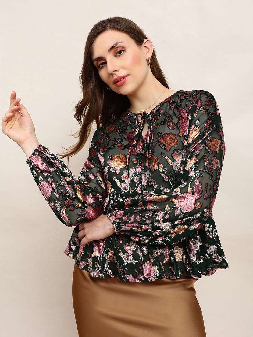 globus women green floral self design tie-up neck bishop sleeves peplum party top
