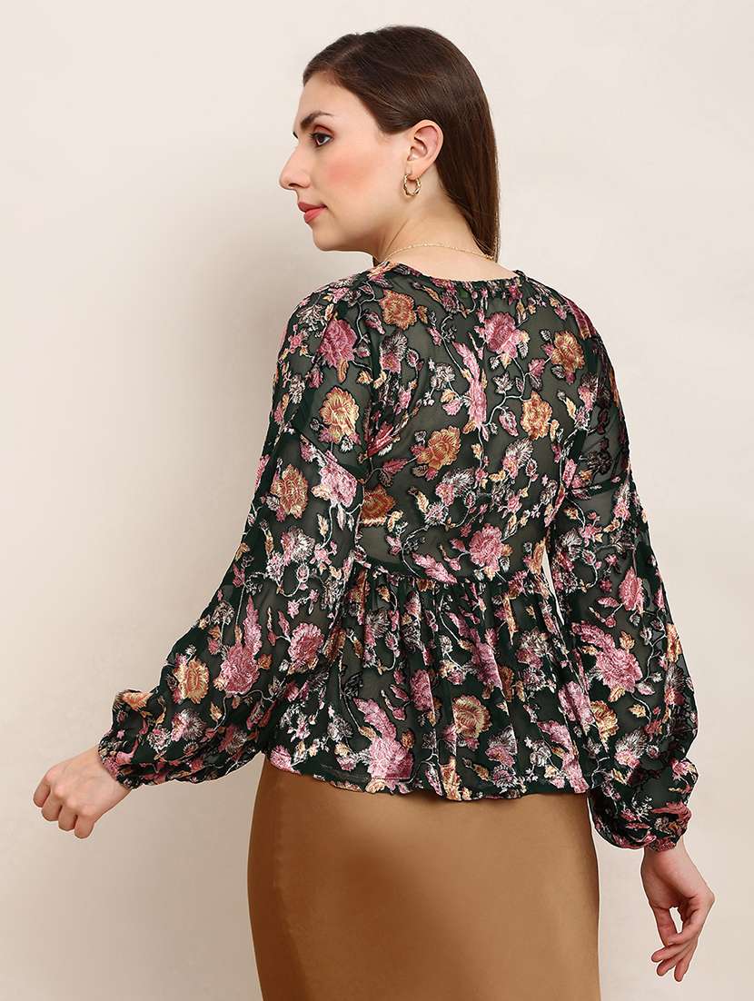 globus women green floral self design tie-up neck bishop sleeves peplum party top - 22182213 -  Standard Image - 2