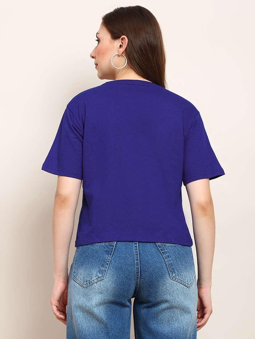 globus women blue round neck drop shoulder sleeves graphic print boxy fit crop t-shirt - 22182216 -  Standard Image - 2