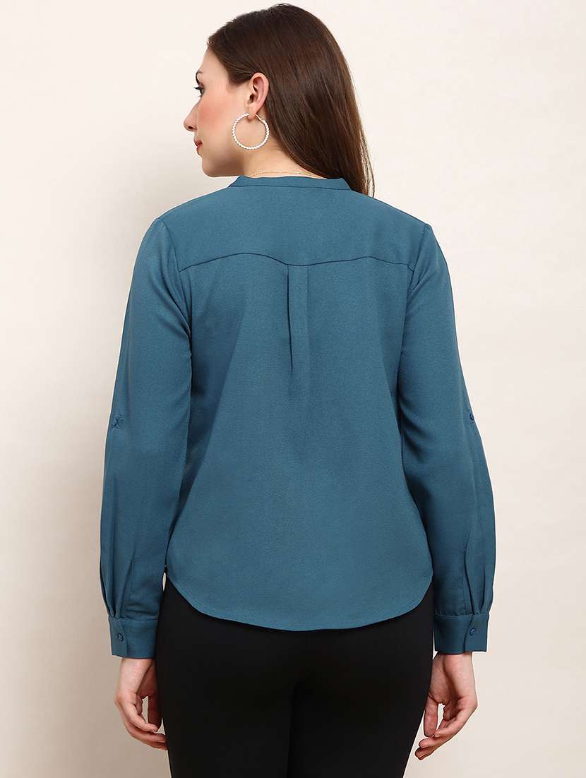 globus women teal mandarin collar cuffed sleeves solid curved hem pleated workwear shirt - 22182220 -  Standard Image - 2