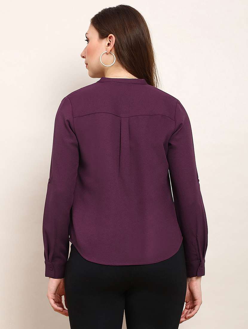 globus women purple mandarin collar cuffed sleeves solid curved hem pleated workwear shirt - 22182221 -  Standard Image - 2