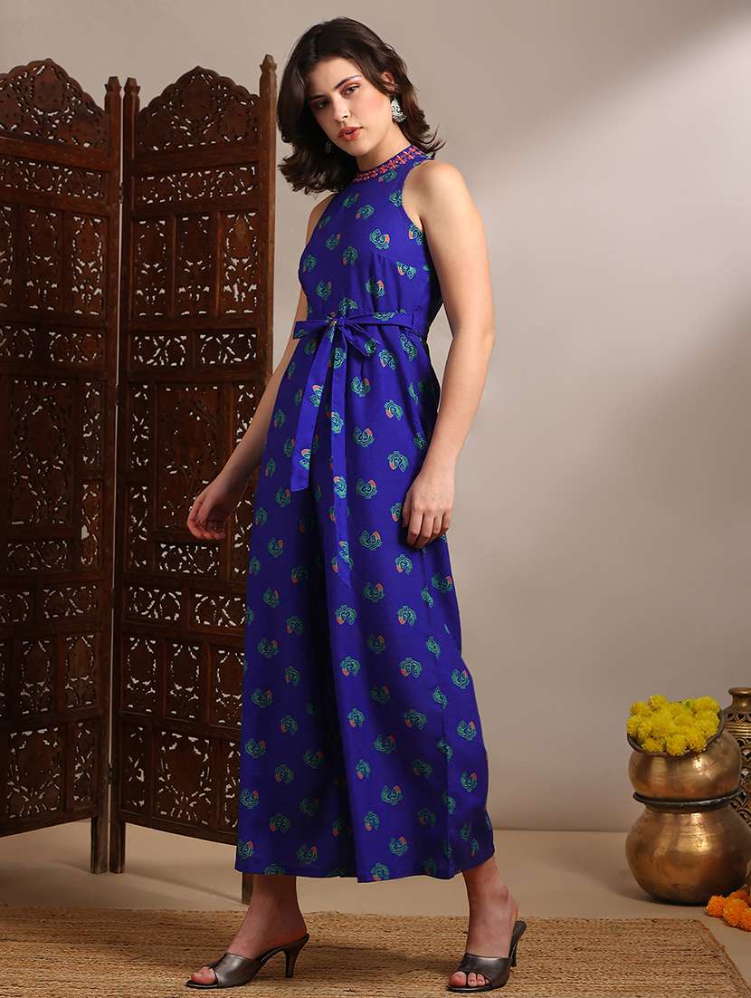 globus women blue halter neck embroidered detail tribal print belted wide flared fusion jumpsuit - 22182224 -  Standard Image - 2
