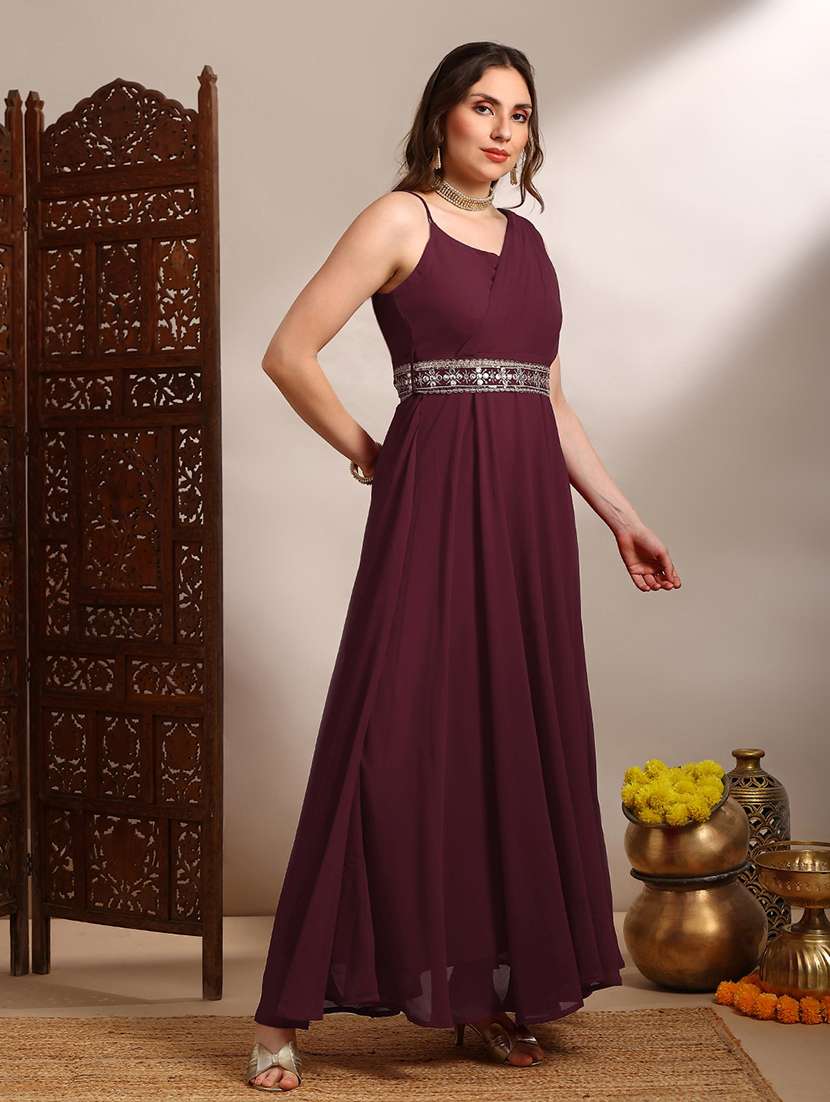 globus women maroon georgette strappy shoulder fit & flare maxi festive draped dress with embroidered belt - 22182226 -  Standard Image - 2