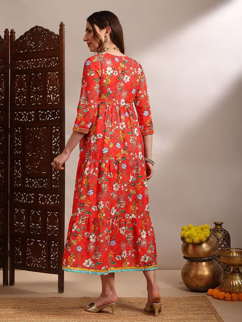 globus women red allover floral print round v-neck embroidered & mirror work waist tie-ups tiered fit & flare midi festive dress - 22182227 -  Standard Image - 2