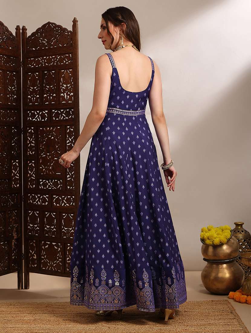 globus women purple ethnic & gold foil print sweetheart neck shoulder strap fit and flare maxi dress - 22182228 -  Standard Image - 2