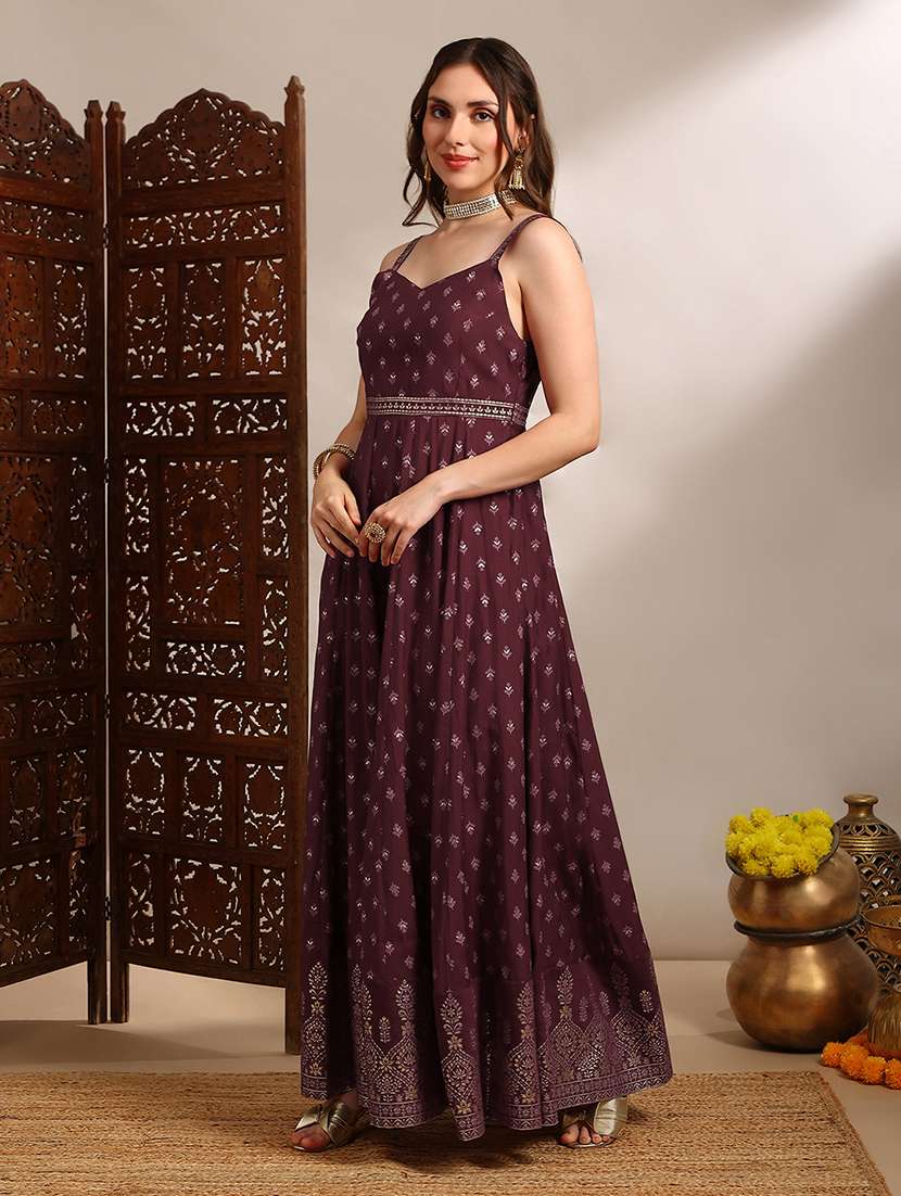 globus women maroon ethnic & gold foil print sweetheart neck shoulder strap fit and flare maxi dress - 22182229 -  Standard Image - 2