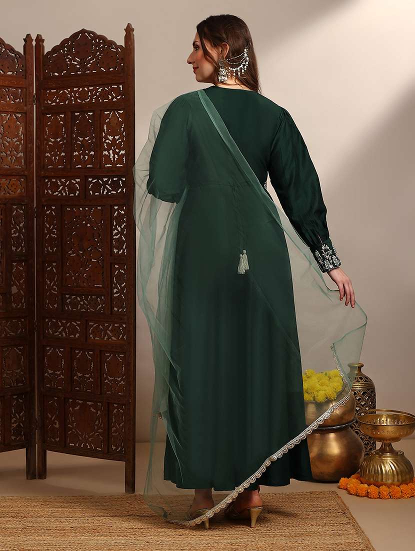 globus women green embroidered v-neck puff sleeves tiered a-line maxi dress with belt & dupatta set - 22182230 -  Standard Image - 2