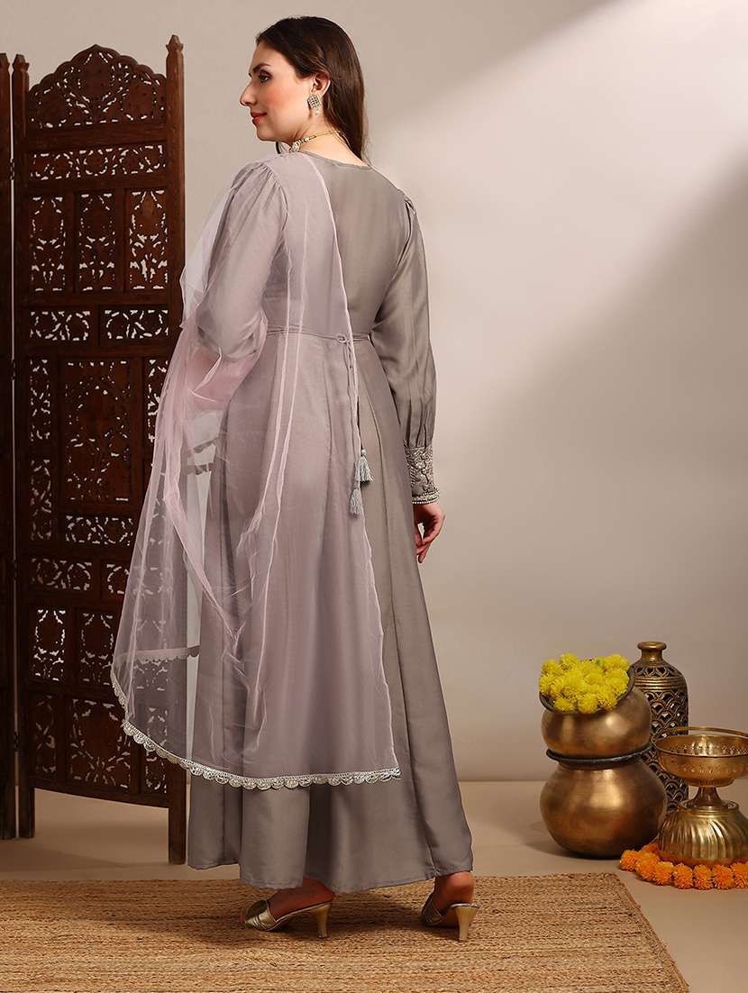 women solid with work long sleeve kurta dupatta set - 22182231 -  Standard Image - 2