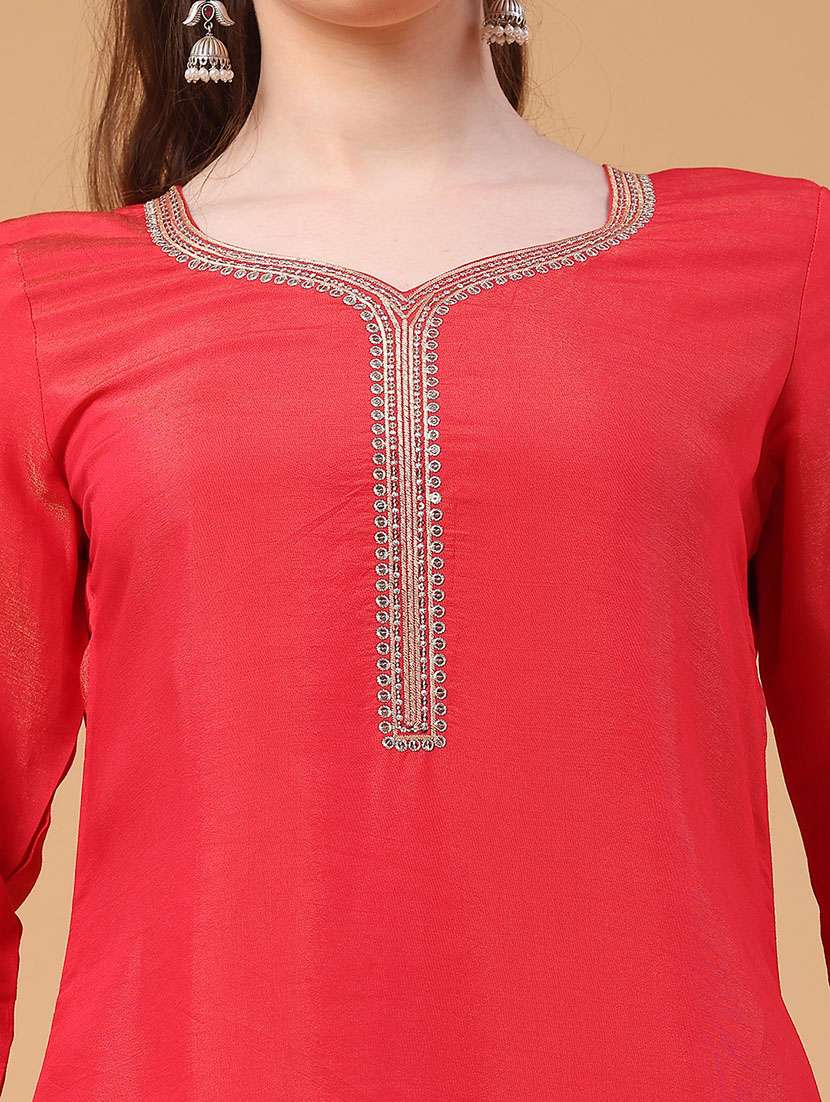 women solid with work three quarter sleeve kurta pant with dupatta set - 22182292 -  Standard Image - 2