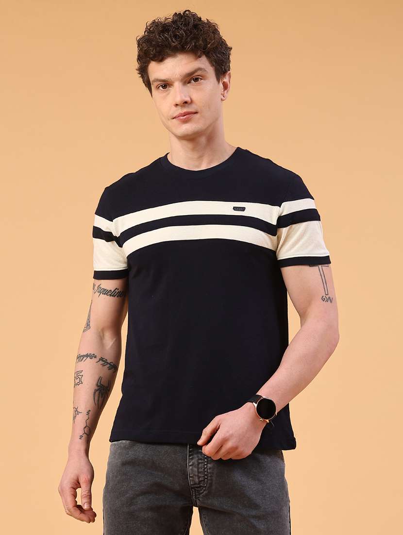 men blue cotton blend color block t-shirt - 22182344 -  Standard Image - 2