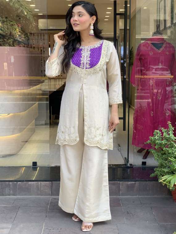 women solid with work three quarter sleeve kurta palazzo set - 22182521 -  Standard Image - 2