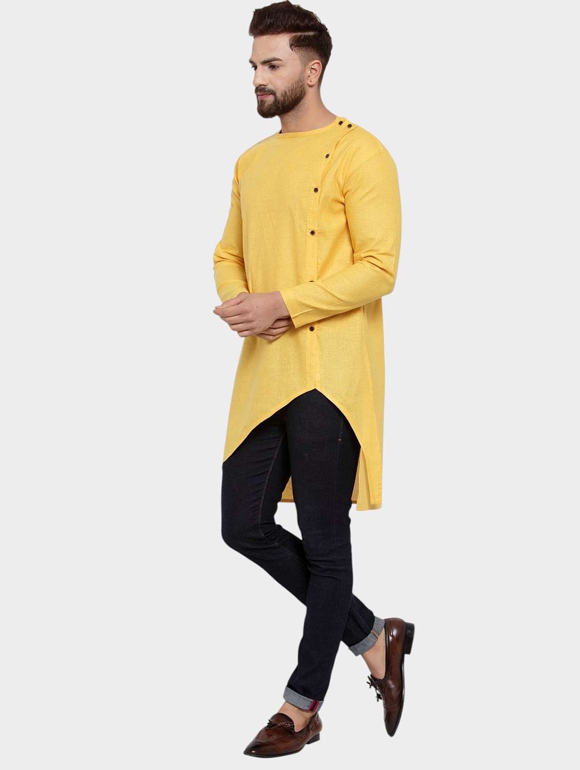 men solid long sleeve asymmetric kurta - 22182575 -  Standard Image - 2