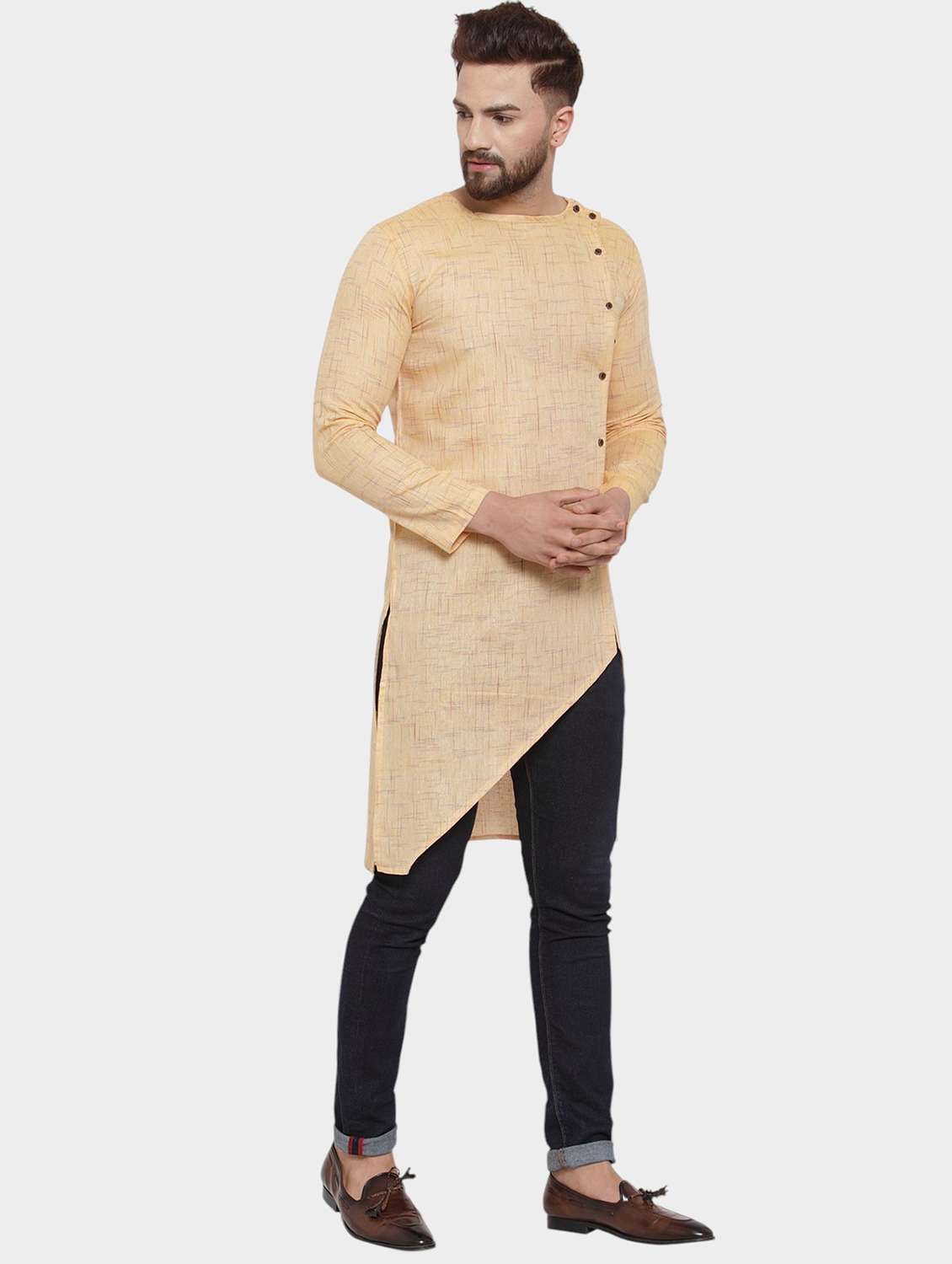 men self design long sleeve asymmetric kurta - 22182580 -  Standard Image - 2