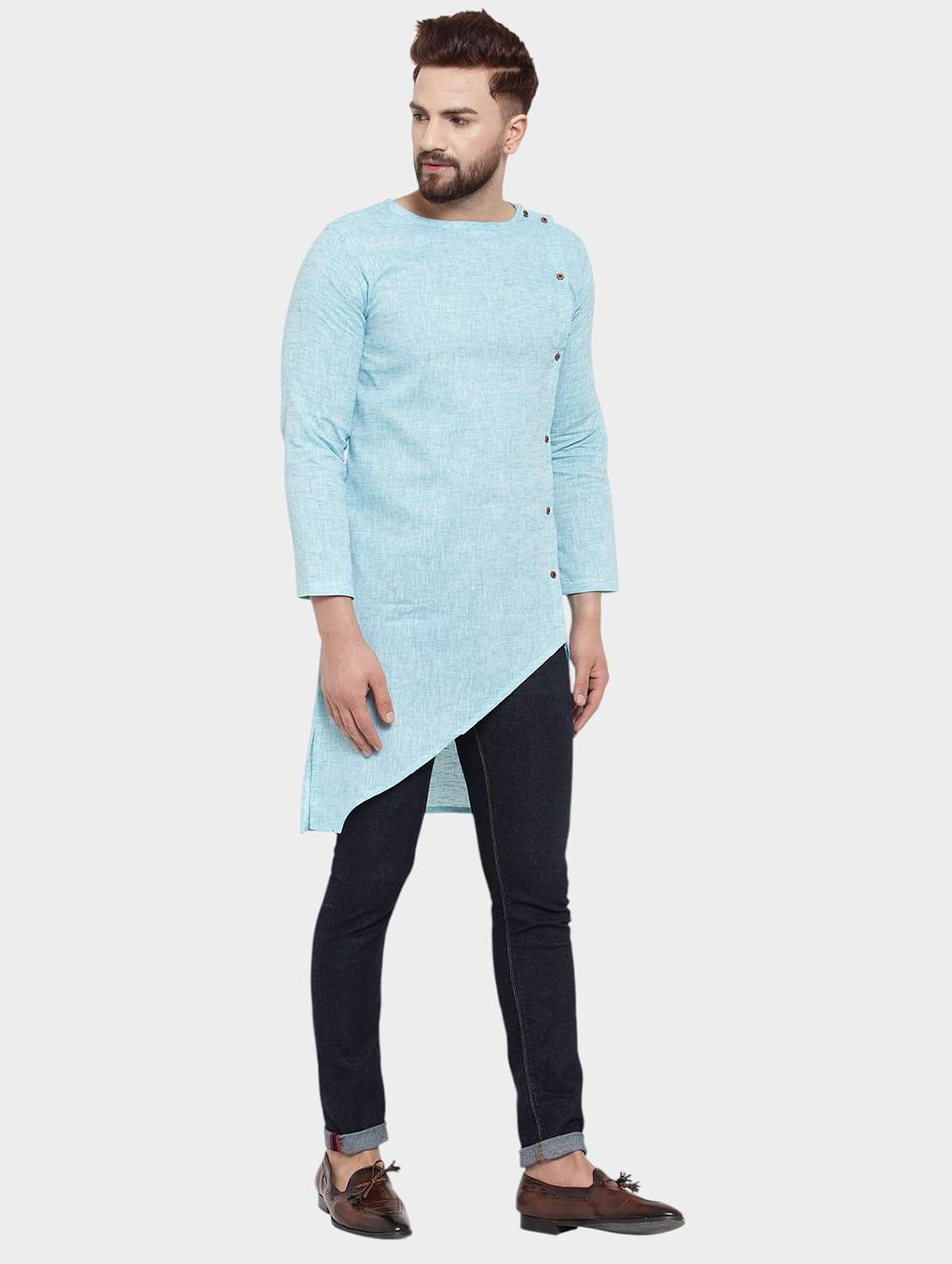 men self design long sleeve asymmetric kurta - 22182588 -  Standard Image - 2
