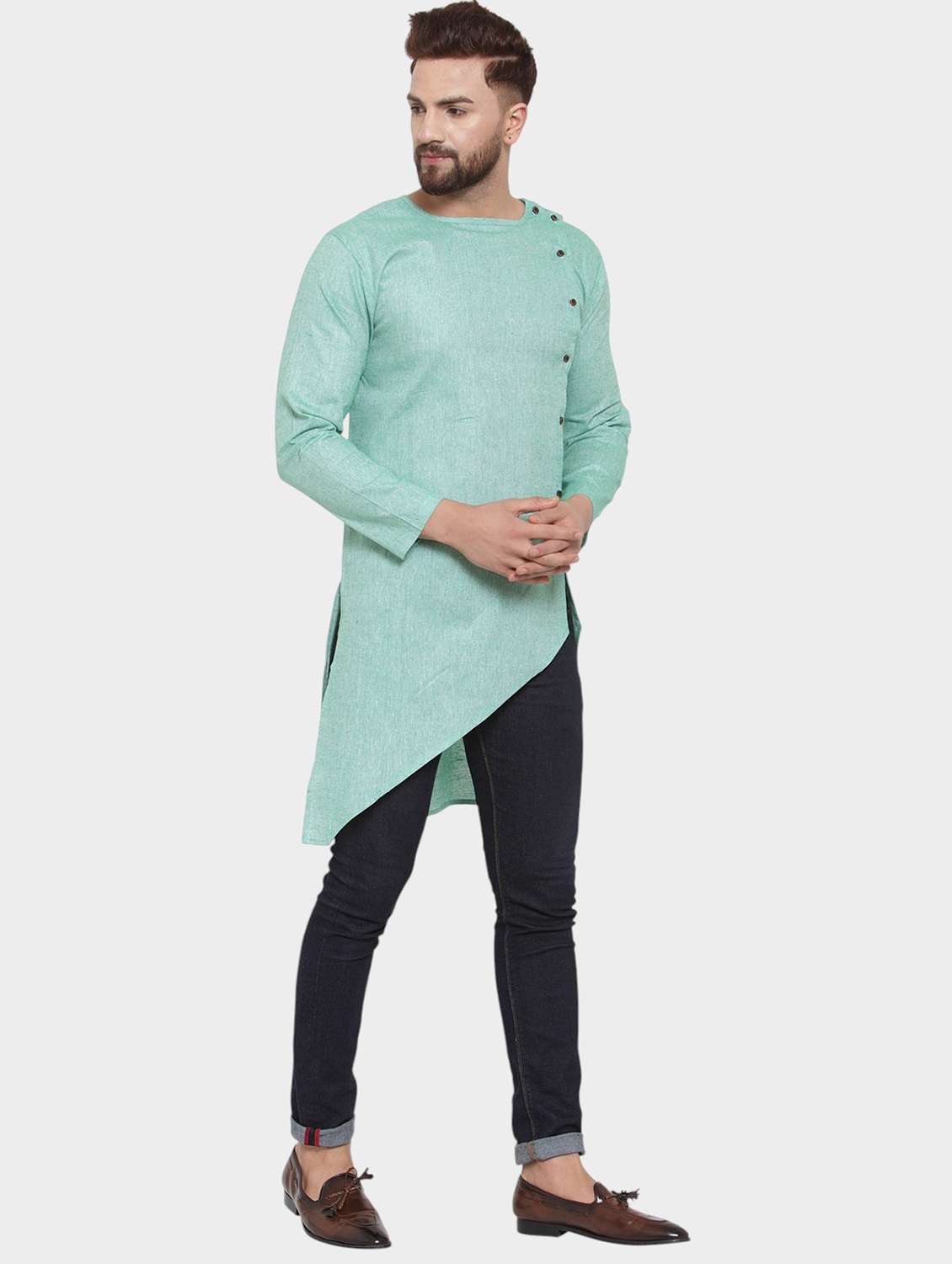 men solid long sleeve asymmetric kurta - 22182589 -  Standard Image - 2