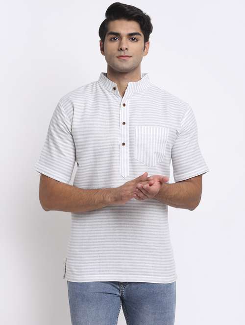 men striped mandarin neck short kurta - 22182597 -  Standard Image - 0