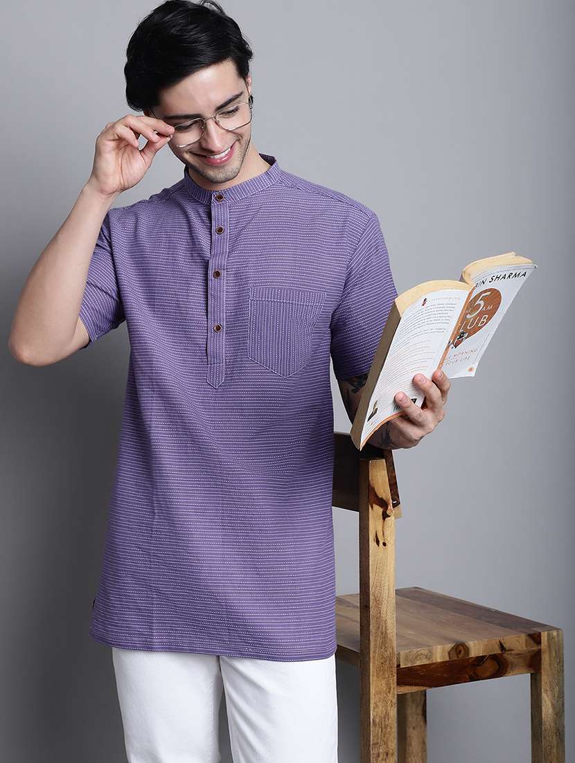 men striped mandarin neck short kurta