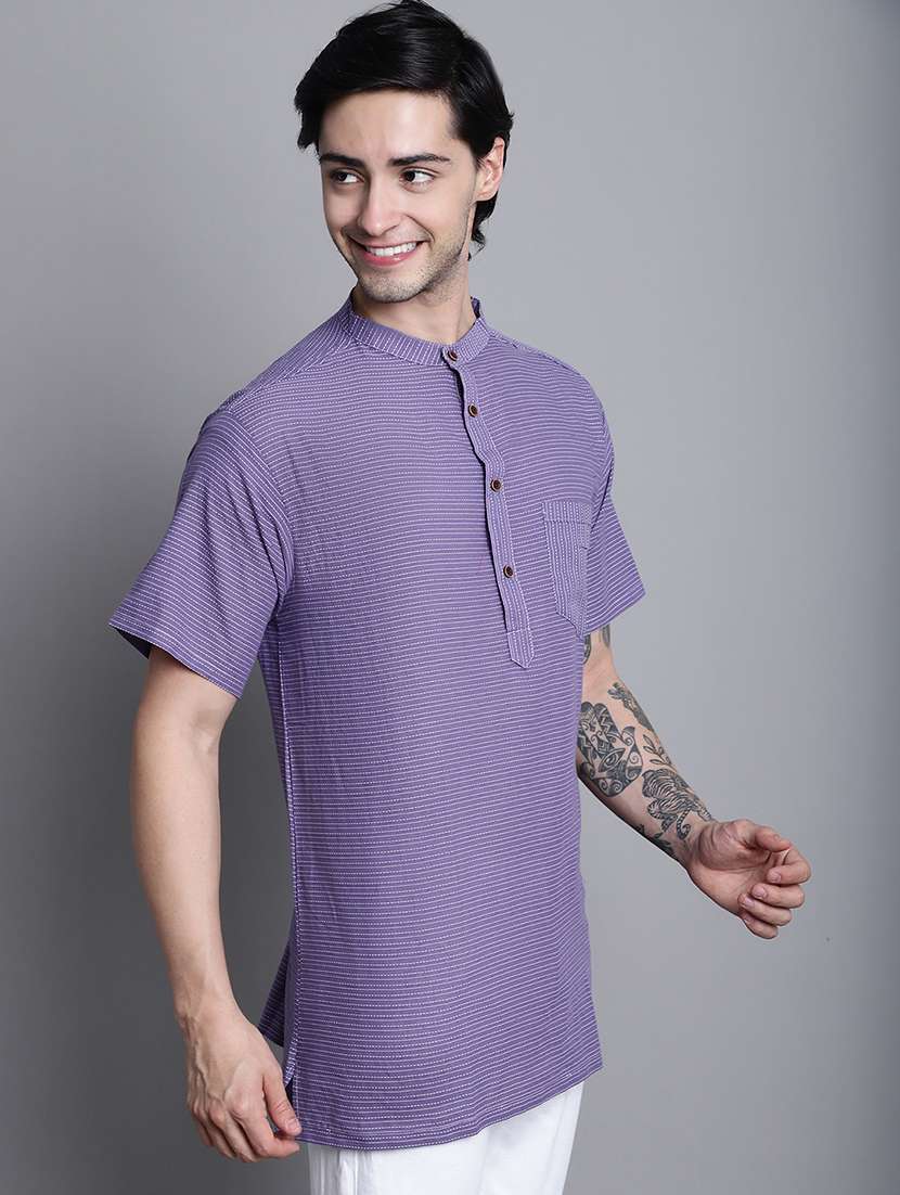 men striped mandarin neck short kurta - 22182613 -  Standard Image - 2