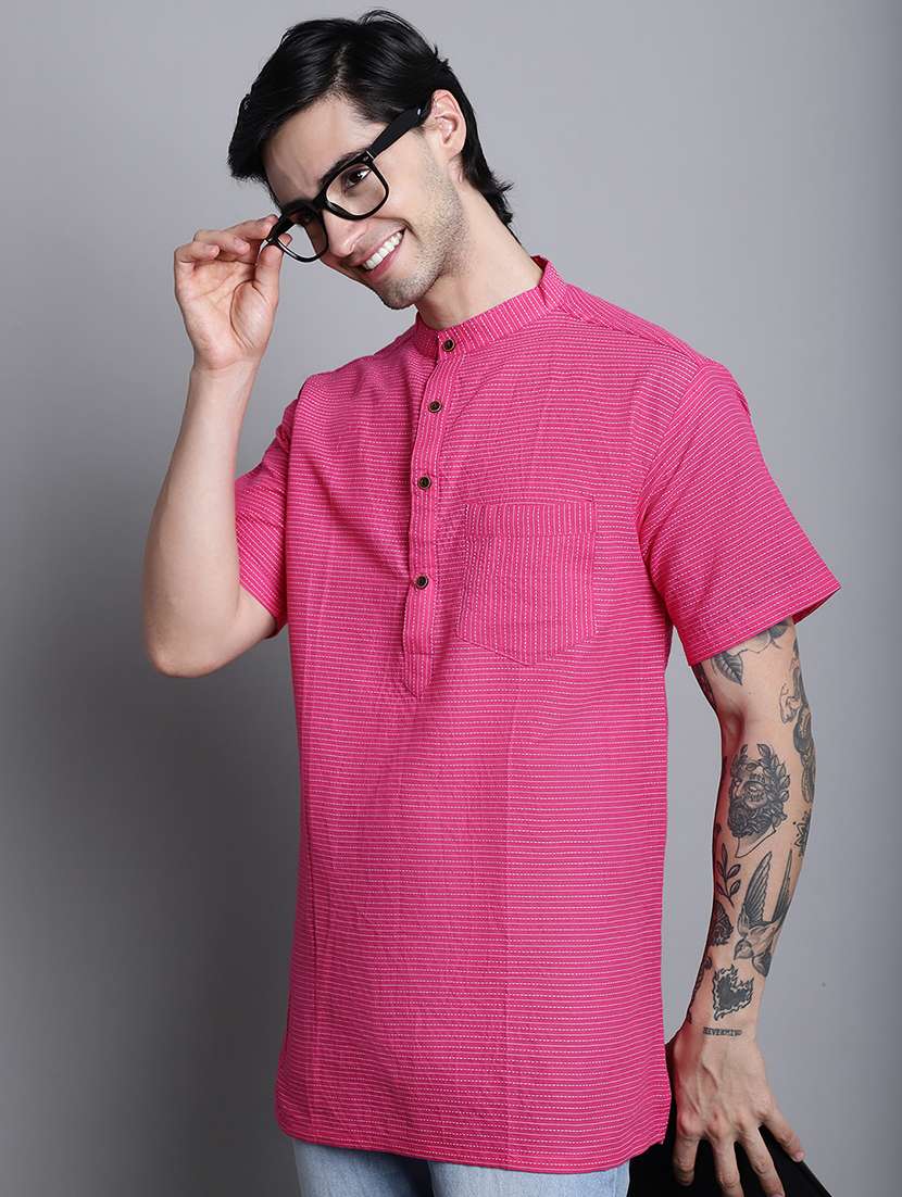 men striped mandarin neck short kurta