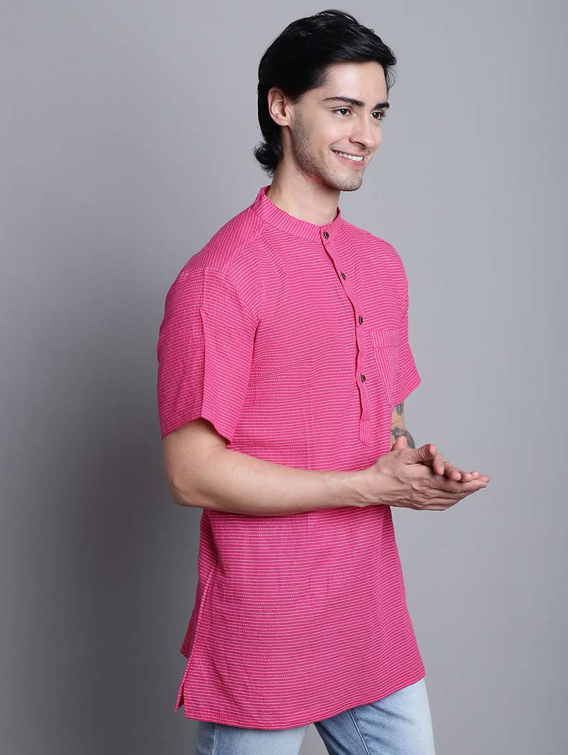 men striped mandarin neck short kurta - 22182615 -  Standard Image - 2
