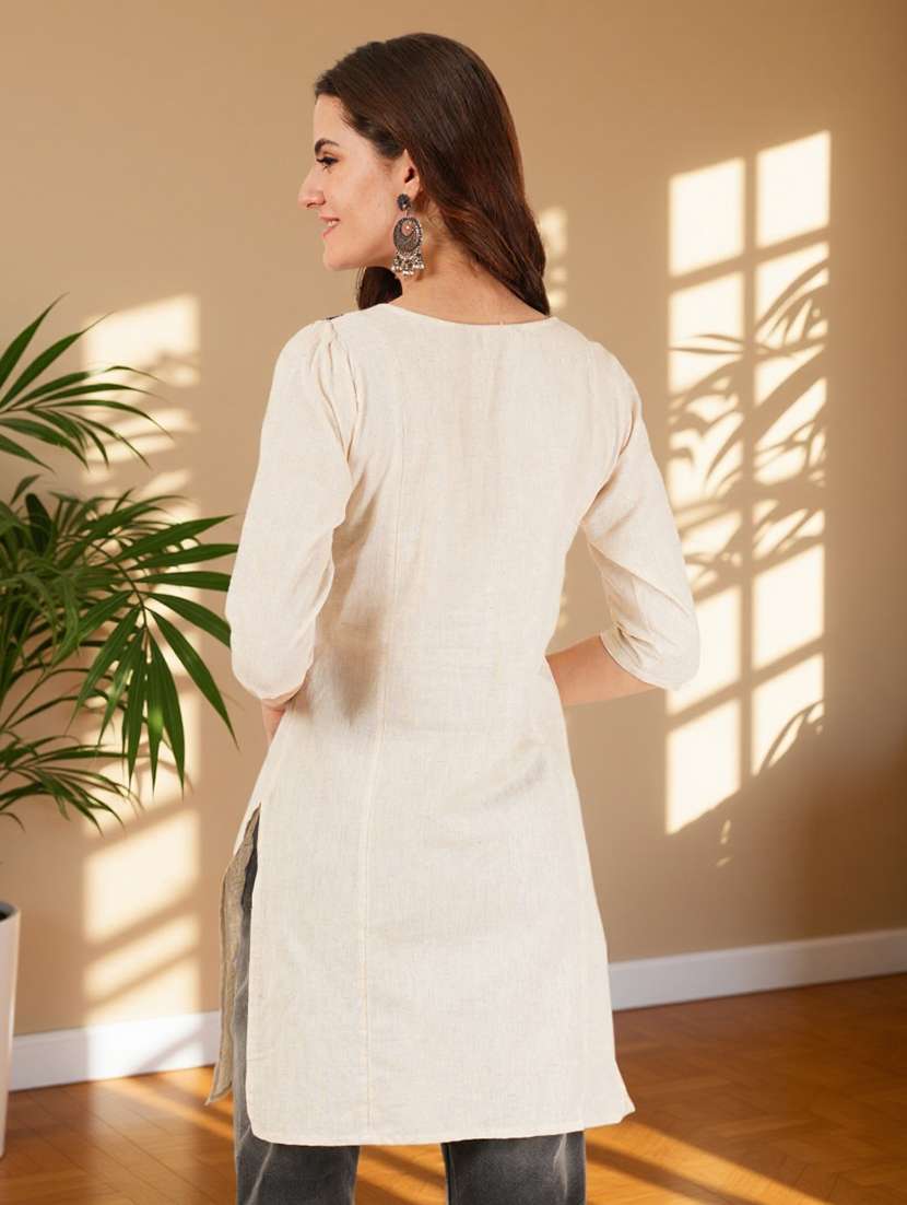 women solid with work three quarter sleeve straight kurti - 22182748 -  Standard Image - 2