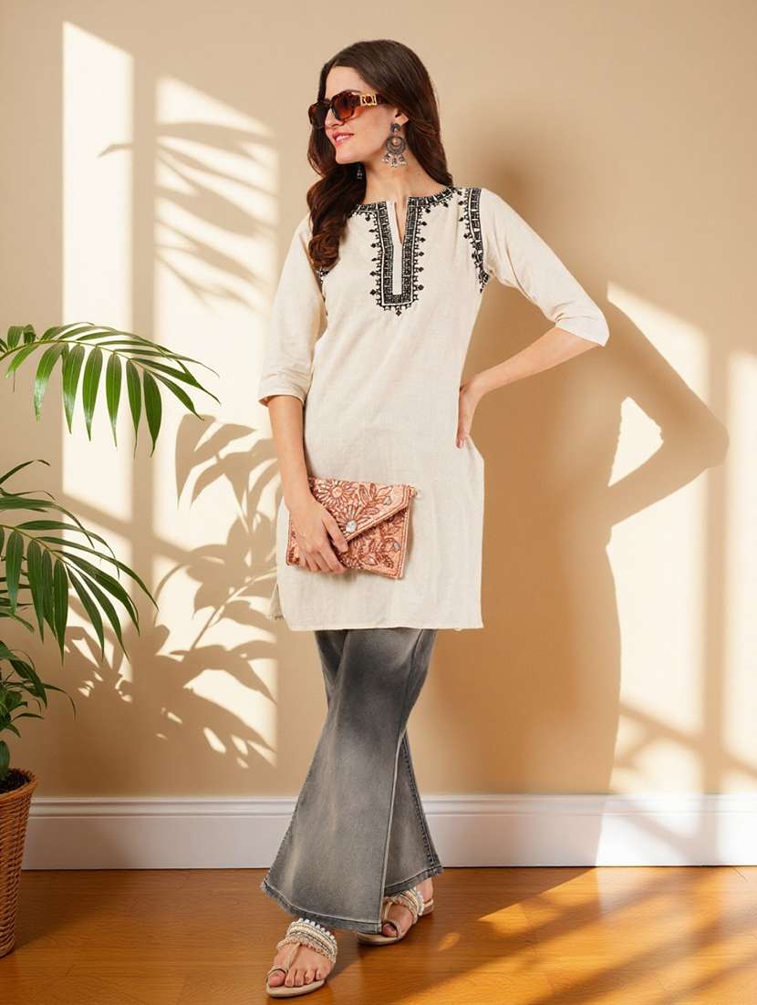 women solid with work three quarter sleeve straight kurti - 22182748 -  Standard Image - 7