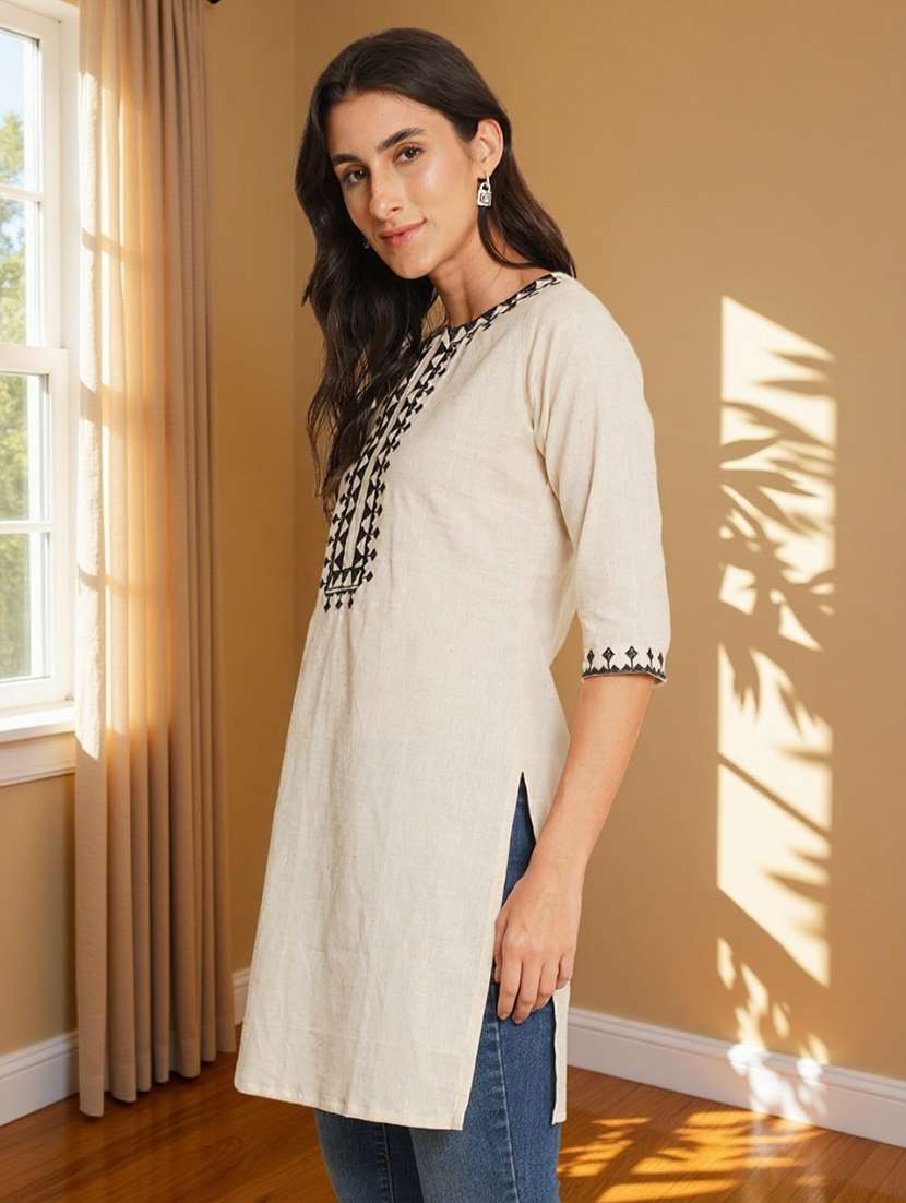 women solid with work three quarter sleeve straight kurti - 22182753 -  Standard Image - 2